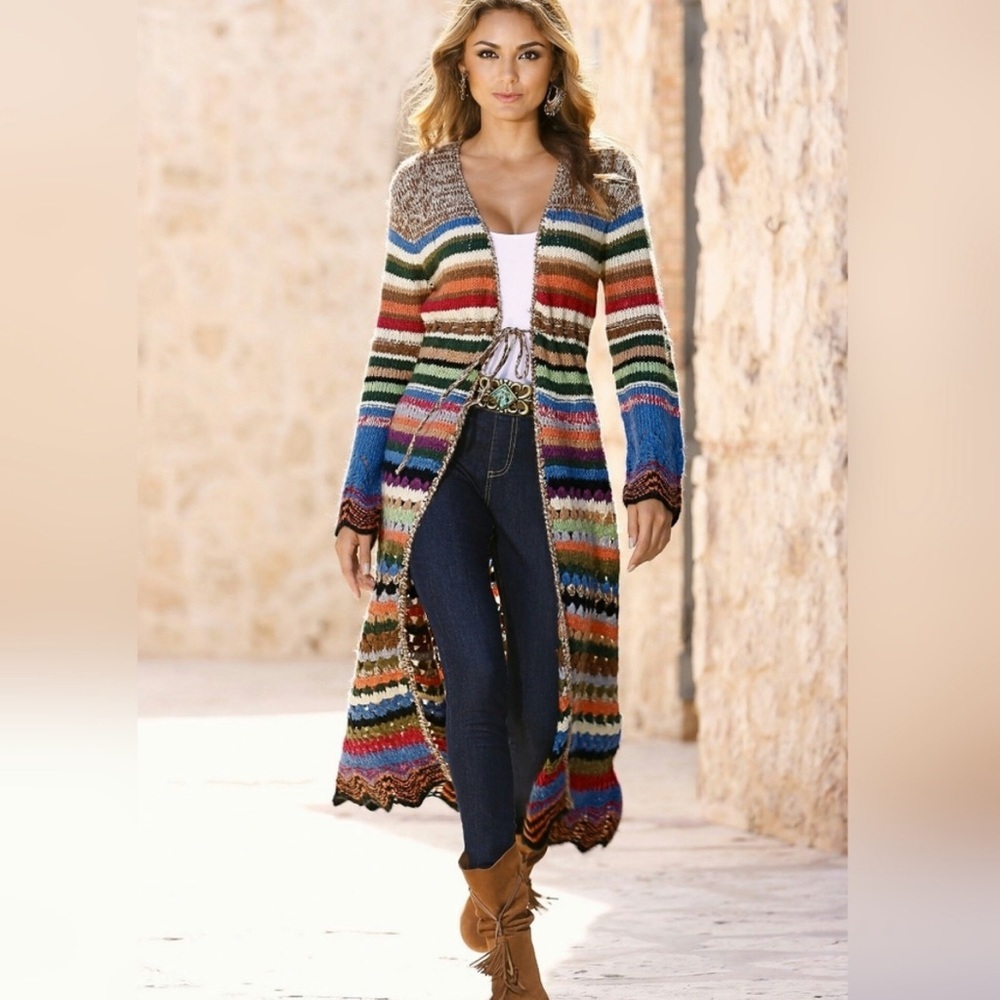 Boston Proper Relais Rainbow Striped Y2K Duster Cardigan Sweater, Size XS